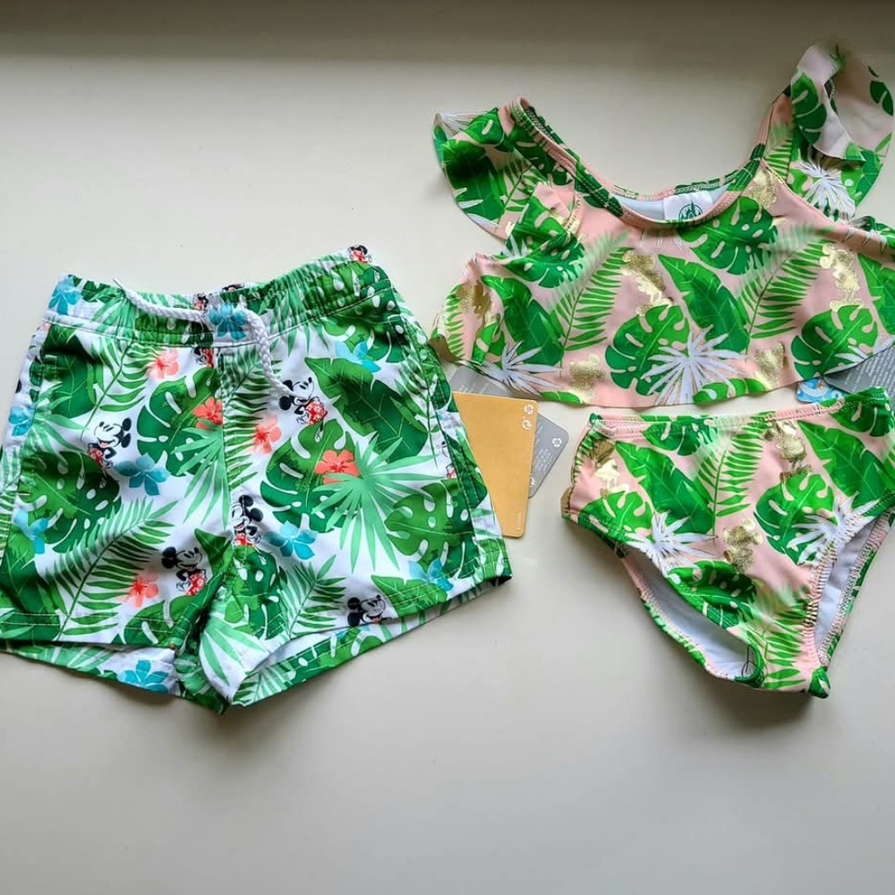 Disney baby Tropical Leaf Print Kids Swim Set. Boy trunks& girl bikini. Twin set
